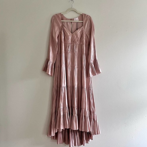 Cinq a Sept Nina tiered satin shimmery midi dress in trut champagne size 6 - Picture 3 of 12
